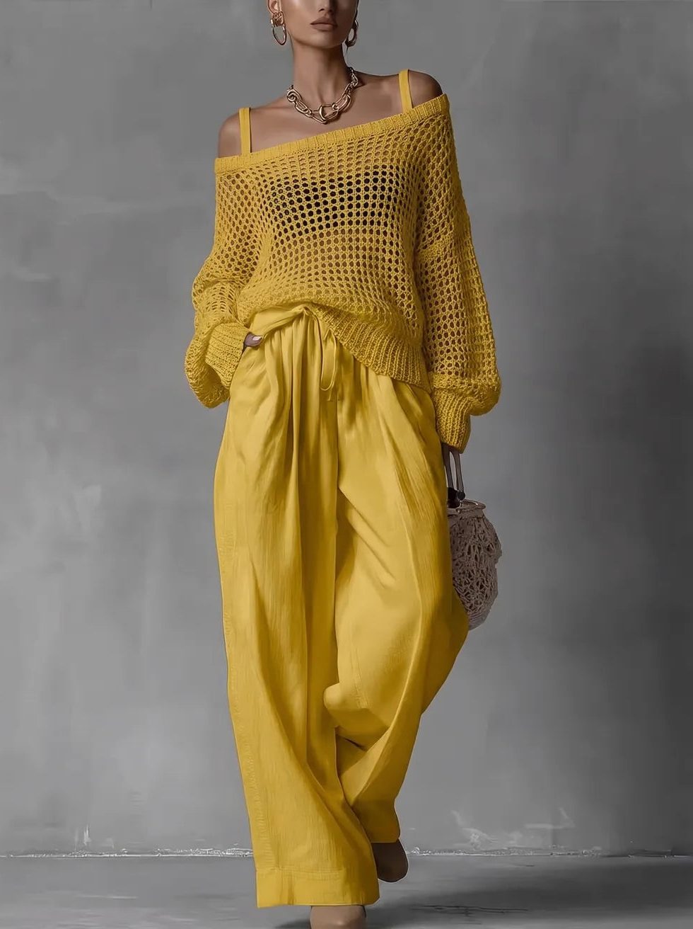 Open Shoulder Knit Two-Piece Set for Women - Yellow