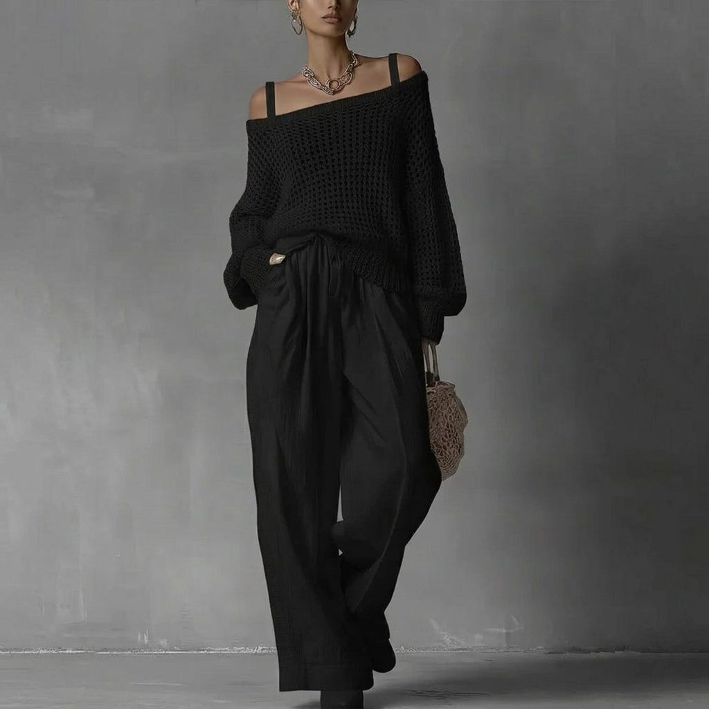 Open Shoulder Knit Two-Piece Set for Women - Black