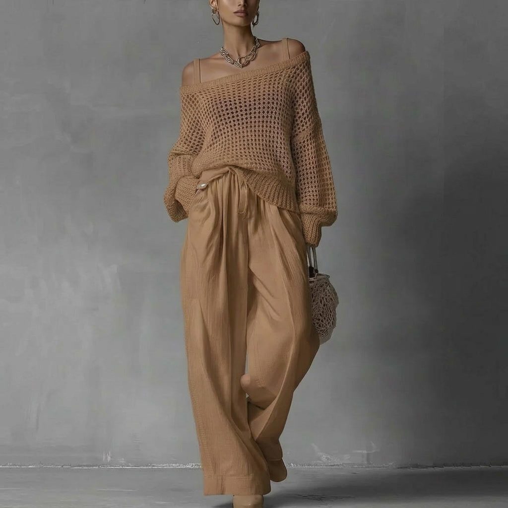 Open Shoulder Knit Two-Piece Set for Women - Camel