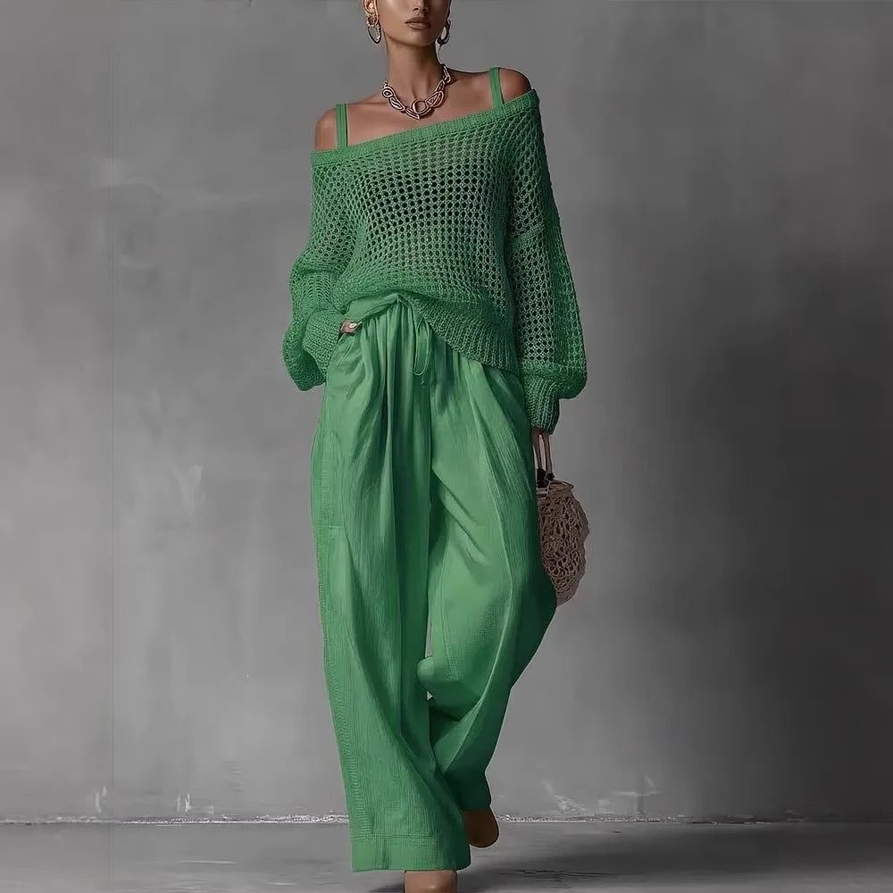 Open Shoulder Knit Two-Piece Set for Women - Green
