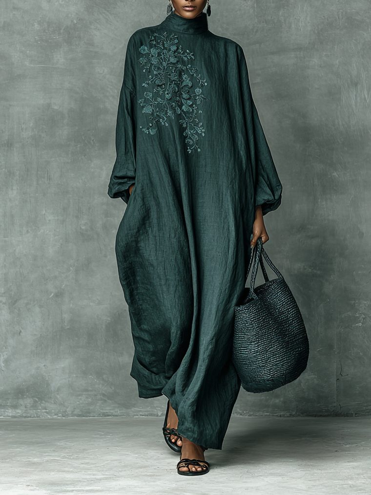 Oversized Maxi Shirt Dress with Stand Collar and Embroidery for Women