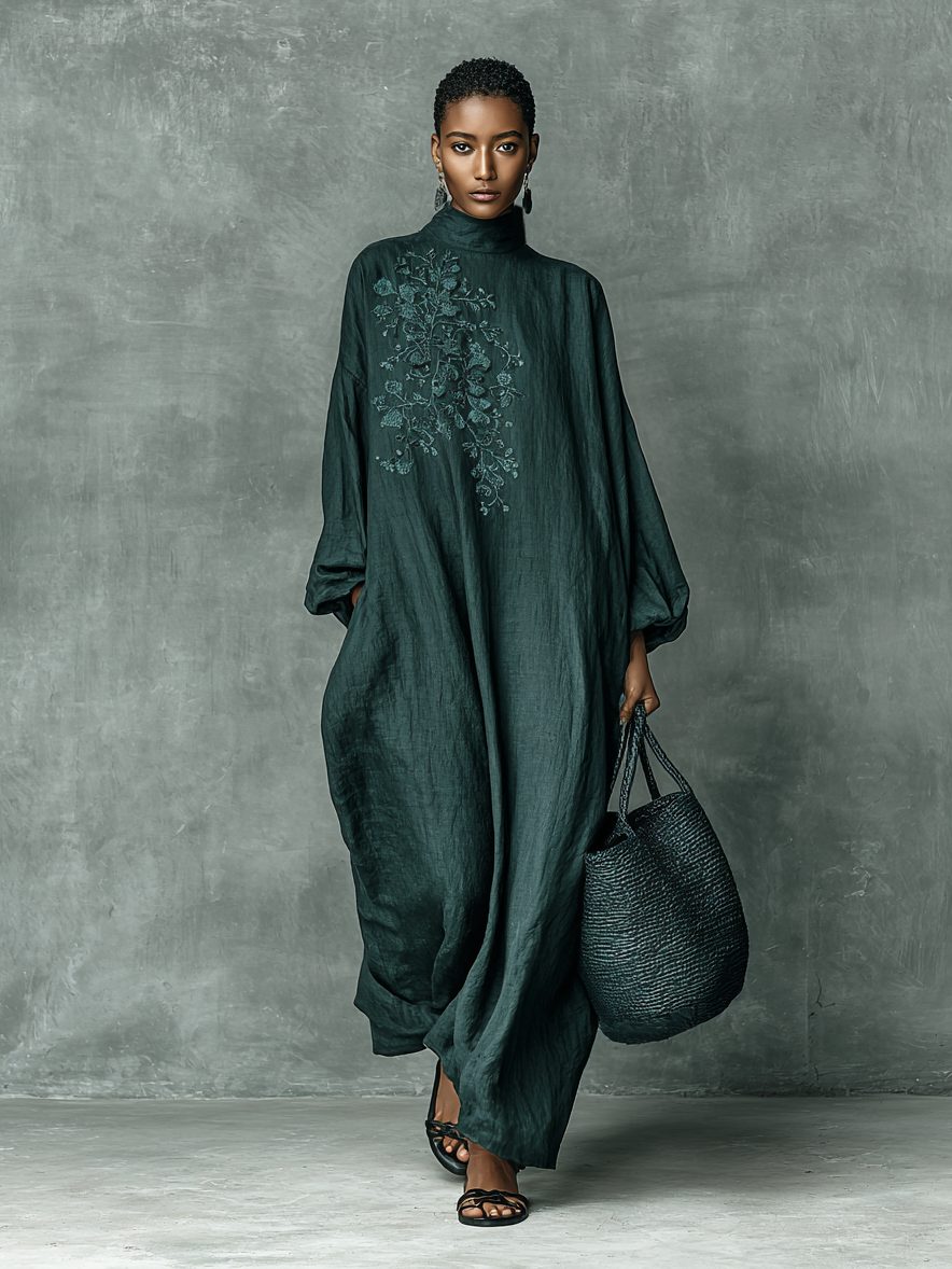 Oversized Maxi Shirt Dress with Stand Collar and Embroidery for Women - View 3