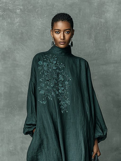 Oversized Maxi Shirt Dress with Stand Collar and Embroidery for Women - View 4