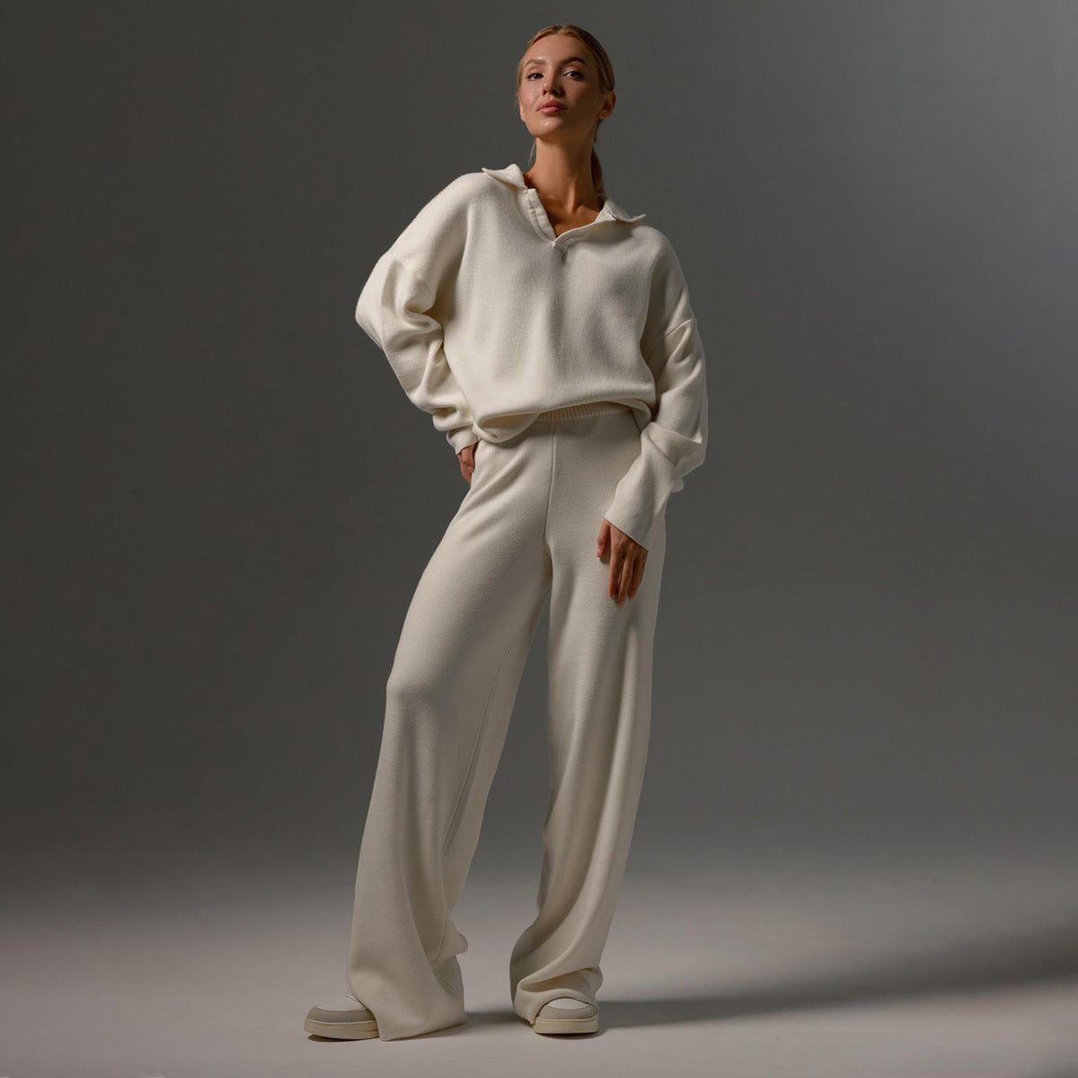 Oversized Polo Wide Leg Loungewear Set for Women - White