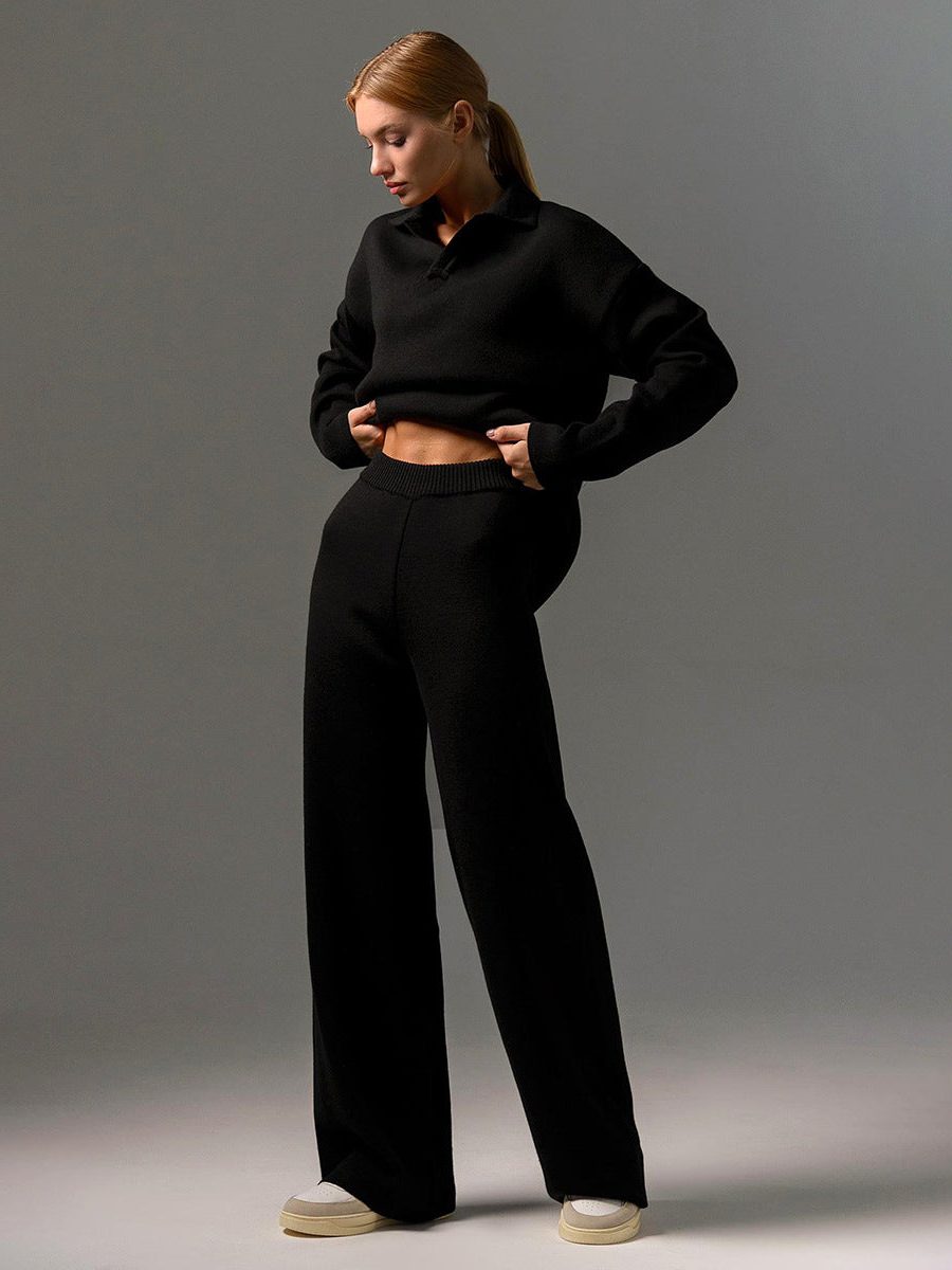 Oversized Polo Wide Leg Loungewear Set for Women - Black