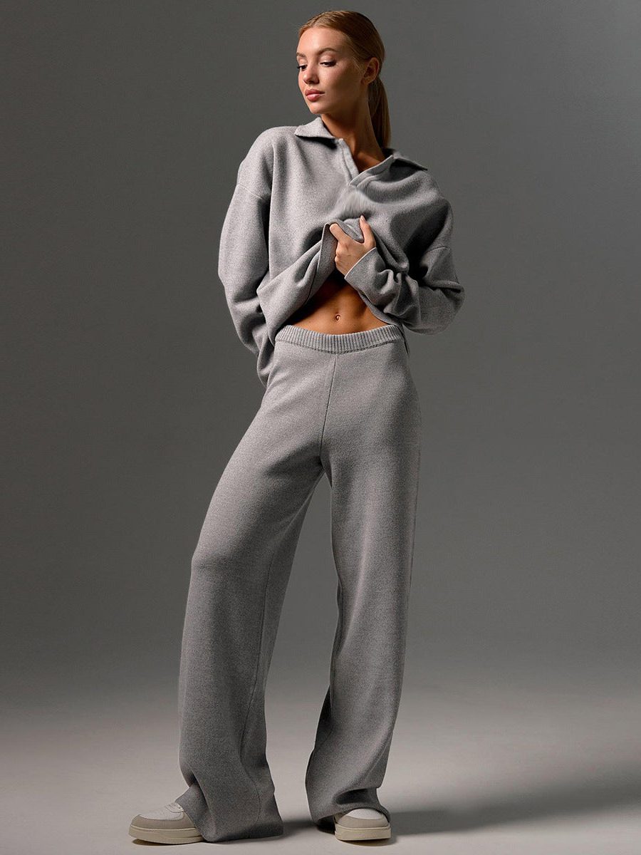Oversized Polo Wide Leg Loungewear Set for Women - Grey