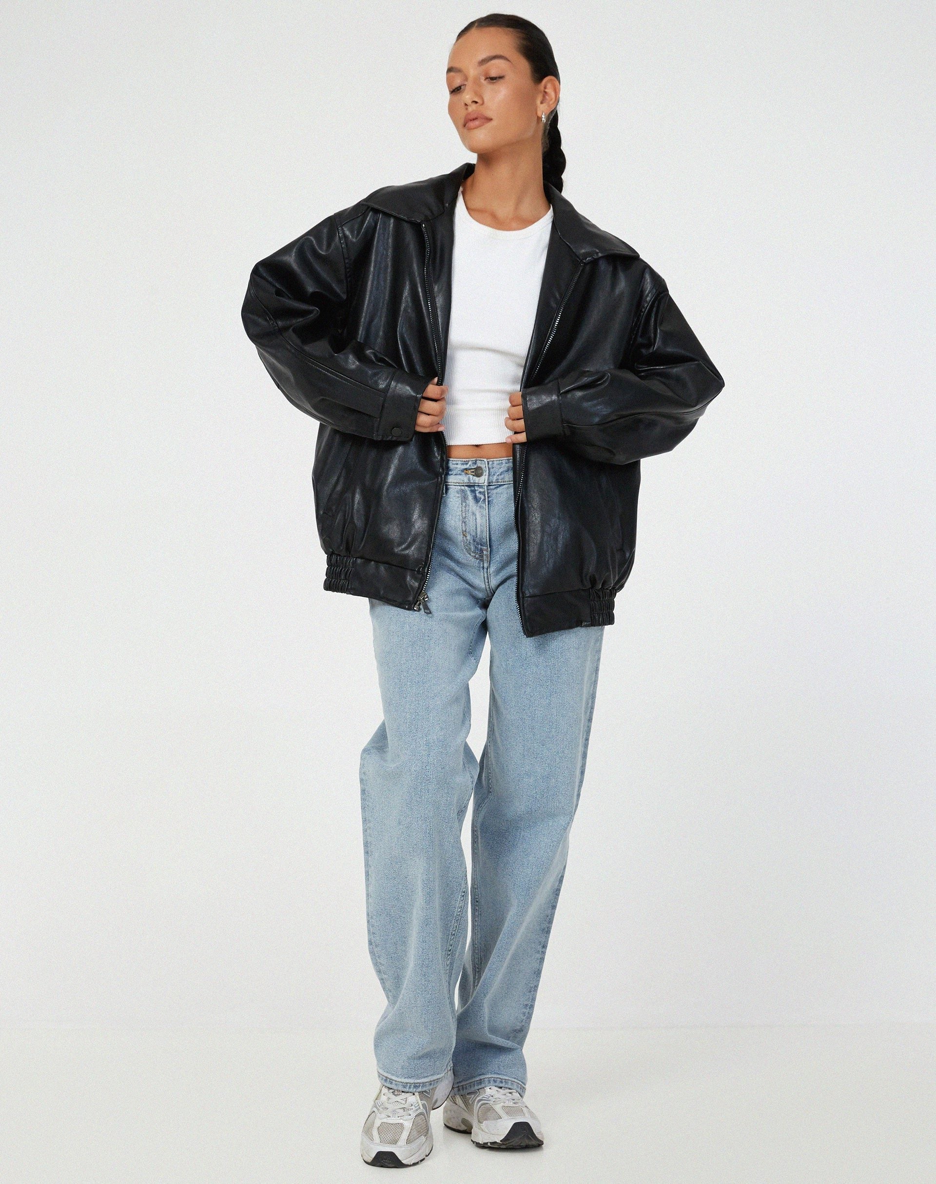 Oversized PU Leather Jacket for Women - Black