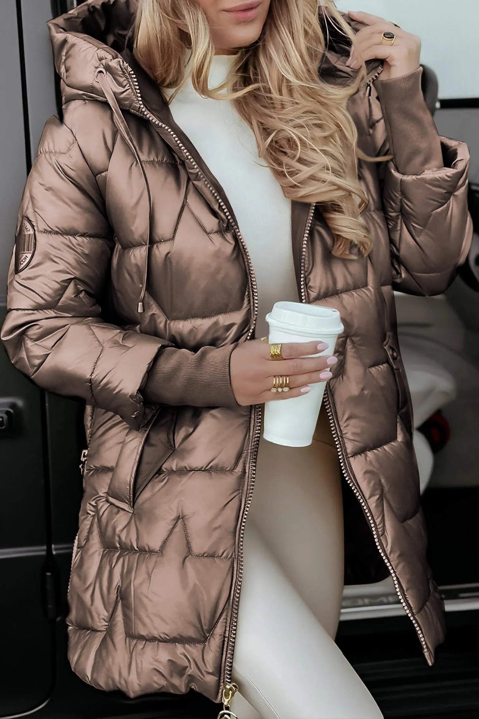 Oversized Puffer Coat with Pearl Trim for Women - Brown