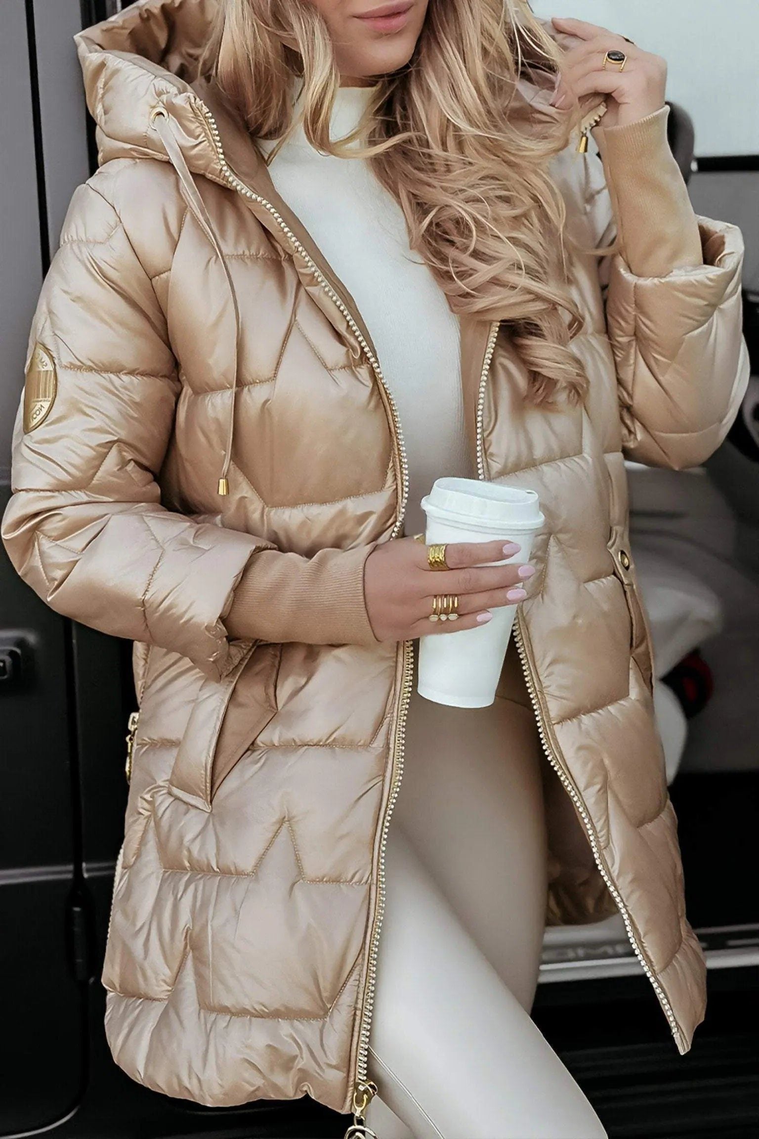 Oversized Puffer Coat with Pearl Trim for Women
