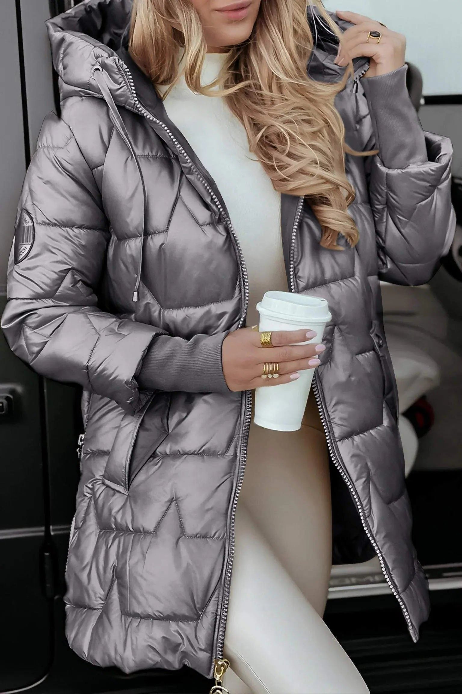 Oversized Puffer Coat with Pearl Trim for Women - Grey