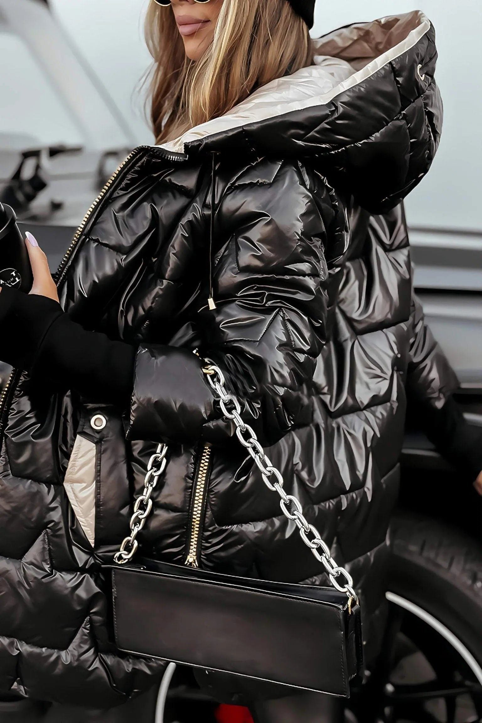 Oversized Puffer Coat with Pearl Trim for Women - View 6
