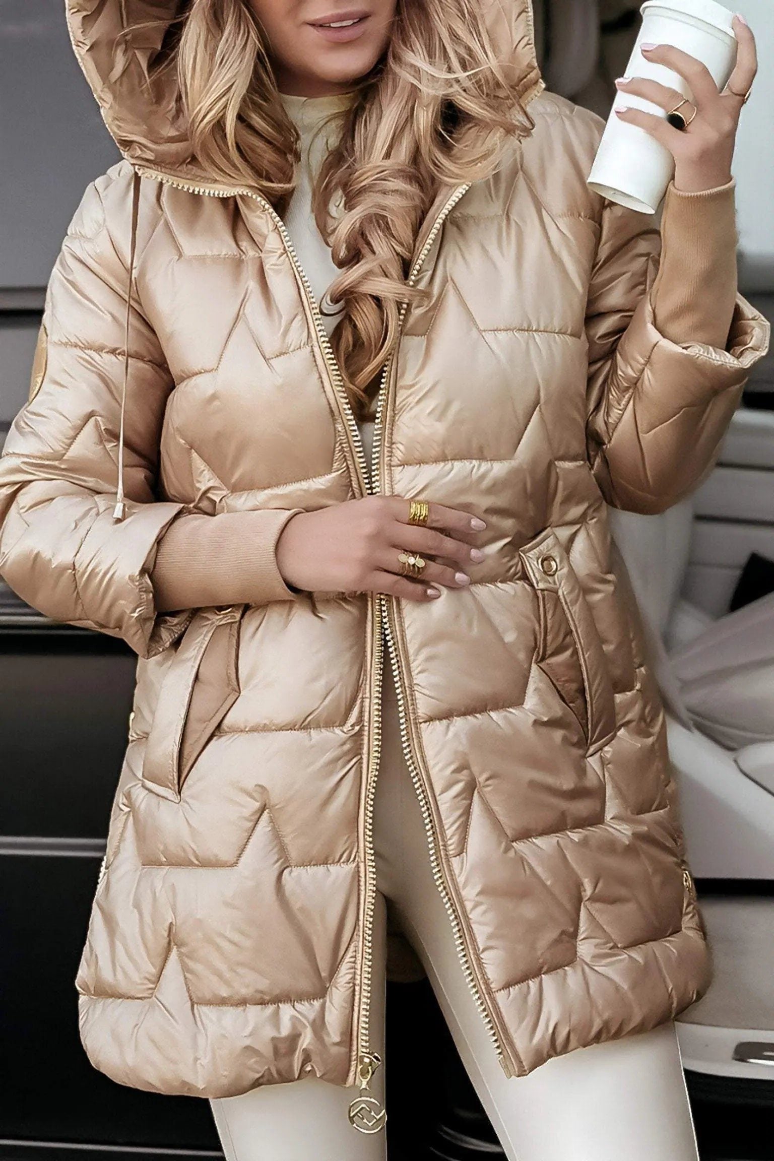 Oversized Puffer Coat with Pearl Trim for Women - View 7
