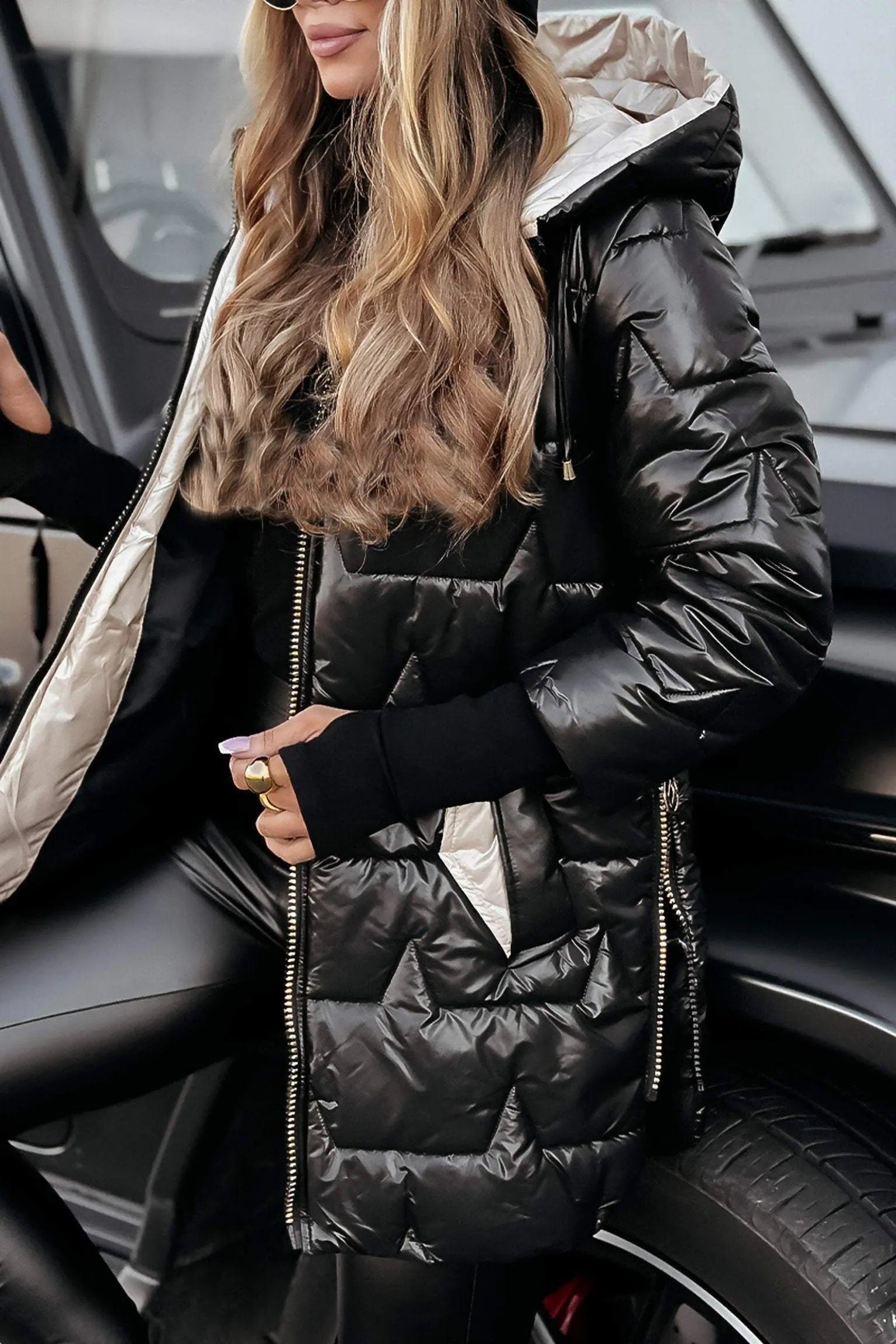 Oversized Puffer Coat with Pearl Trim for Women - View 8