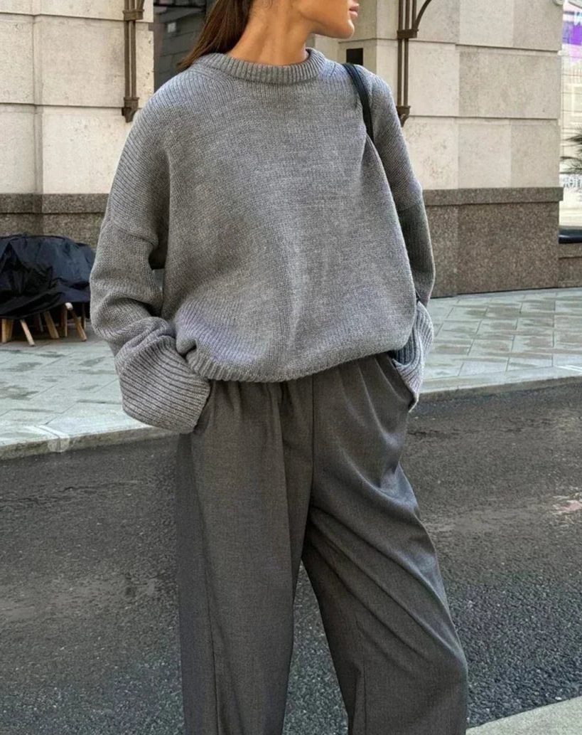 Oversized Ribbed Knit Crew Neck Jumper for Women - Grijs