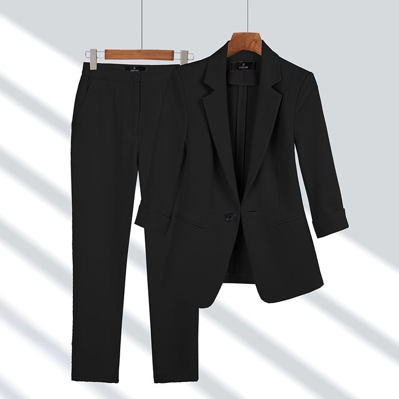 Oversized Single-Button Blazer and Straight Leg Trousers Set for Women - Black