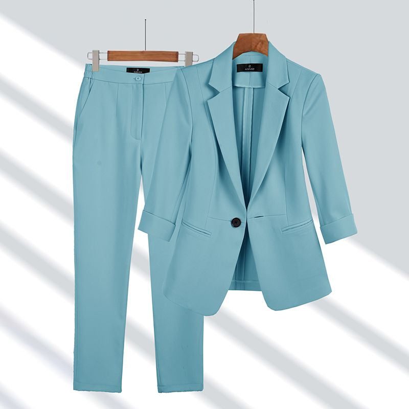 Oversized Single-Button Blazer and Straight Leg Trousers Set for Women - Blue