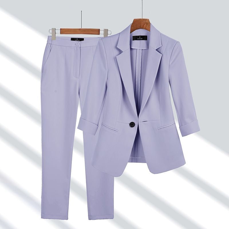 Oversized Single-Button Blazer and Straight Leg Trousers Set for Women - Purple