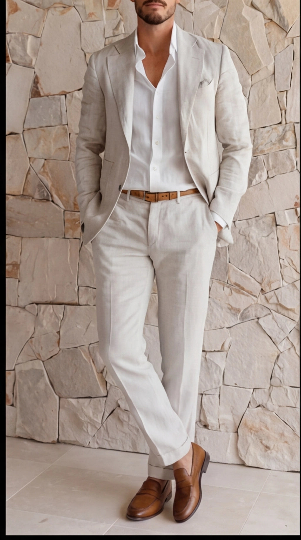 Linen Blend Slim Fit Blazer and Trousers Set for Men