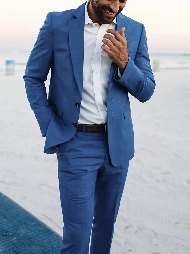 Linen Blend Slim Fit Blazer and Trousers Set for Men