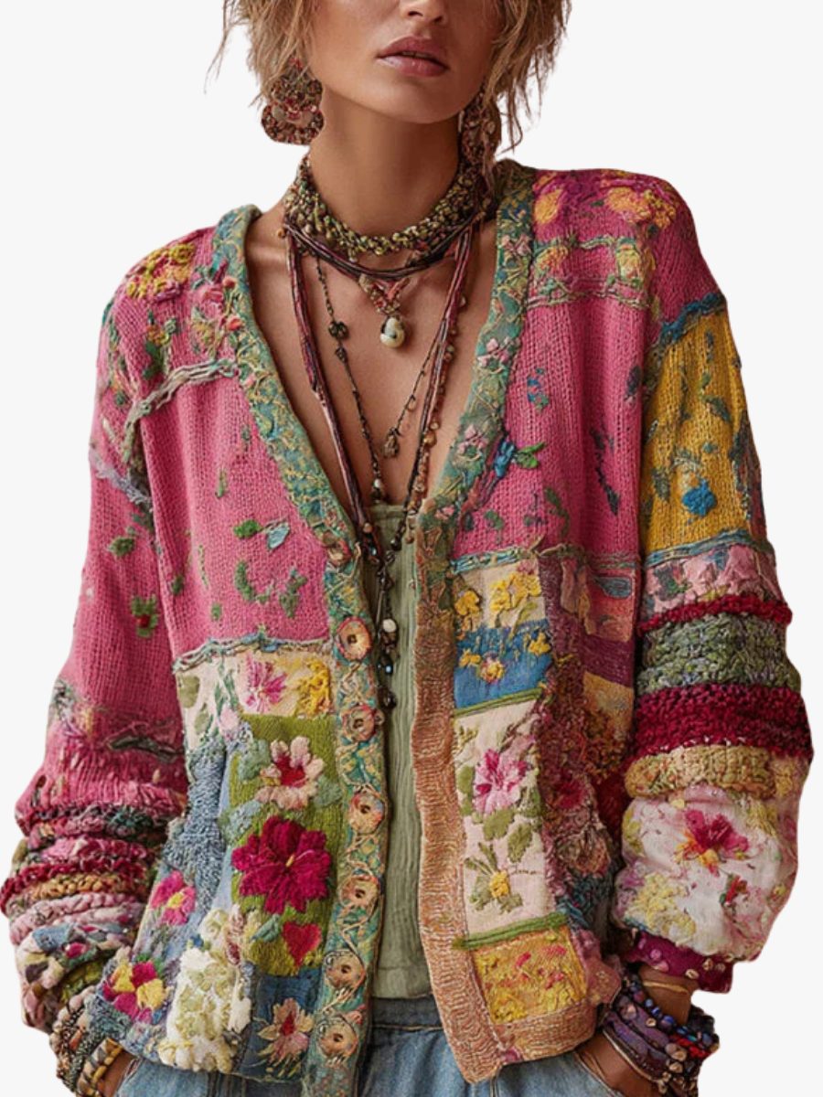Patchwork Floral Zip-Up Cardigan for Women