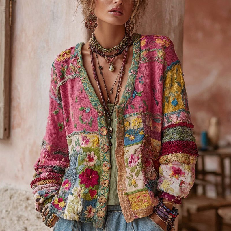 Patchwork Floral Zip-Up Cardigan for Women - Rose