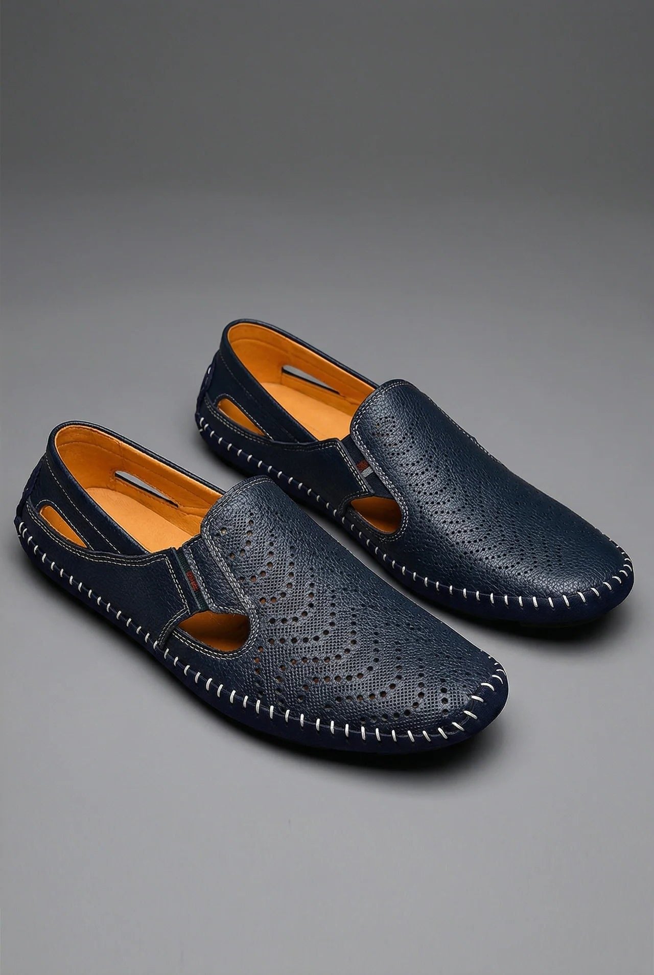 Perforated Slip-On Loafers with Cut-Out Sides for Men