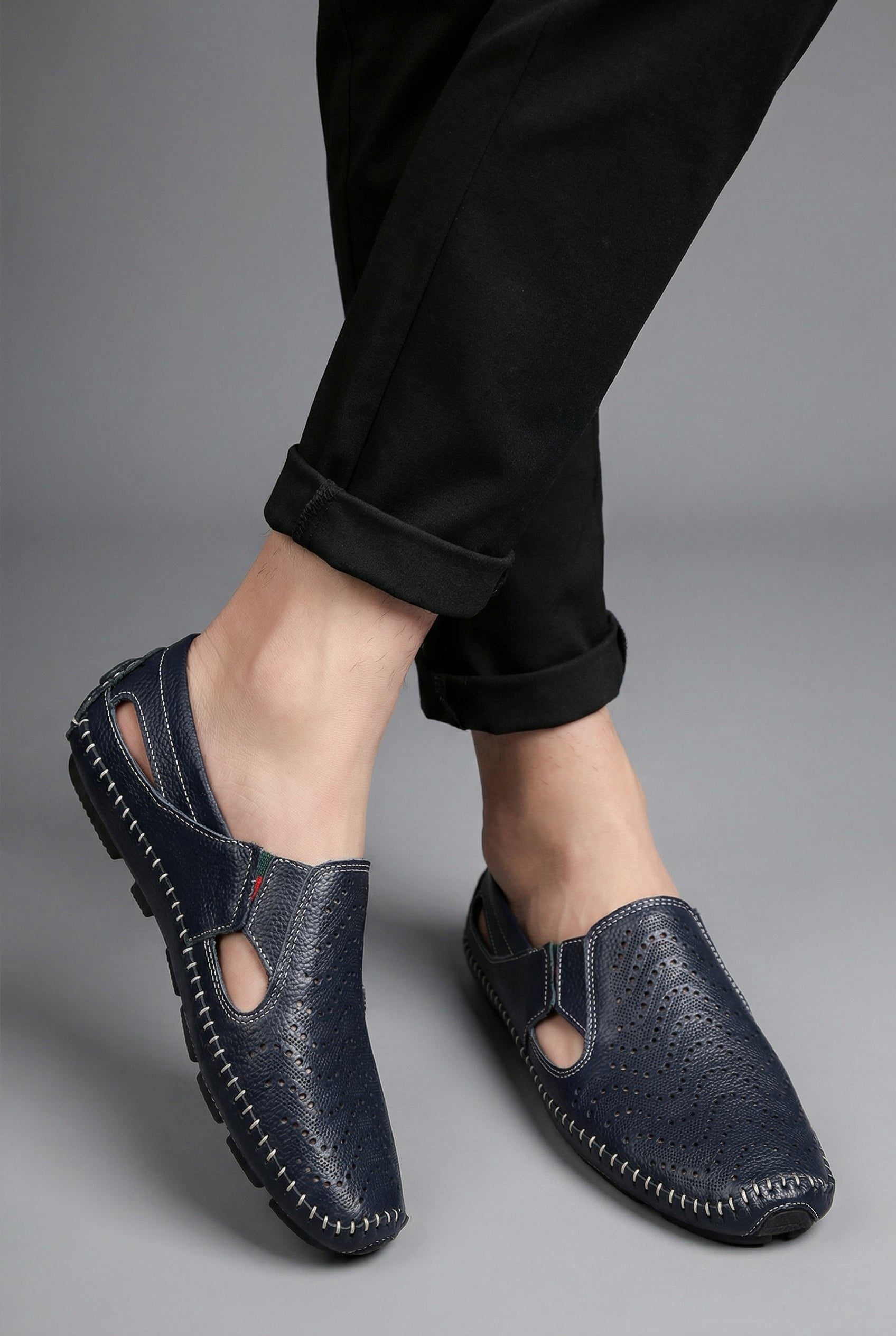 Perforated Slip-On Loafers with Cut-Out Sides for Men