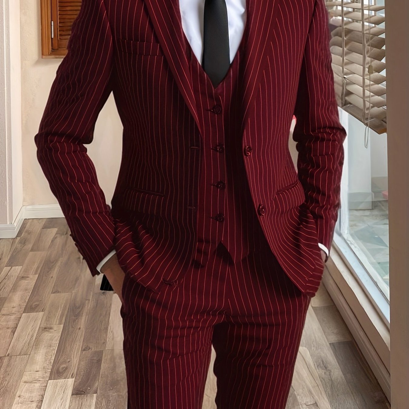Pinstripe Three-Piece Suit for Men - Burgundy
