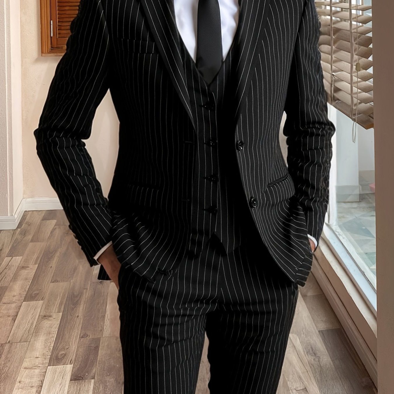 Pinstripe Three-Piece Suit for Men - Black