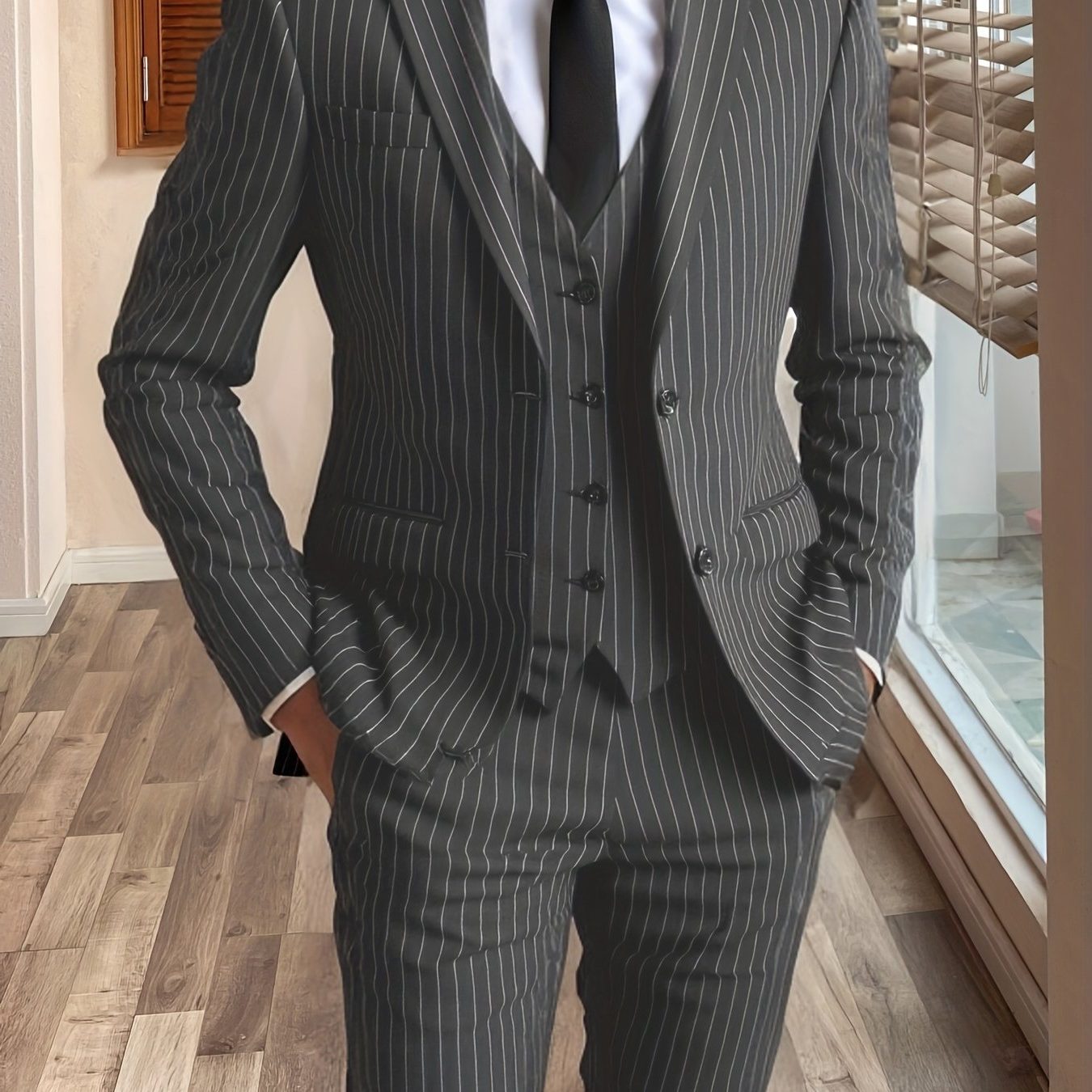Pinstripe Three-Piece Suit for Men - Grey