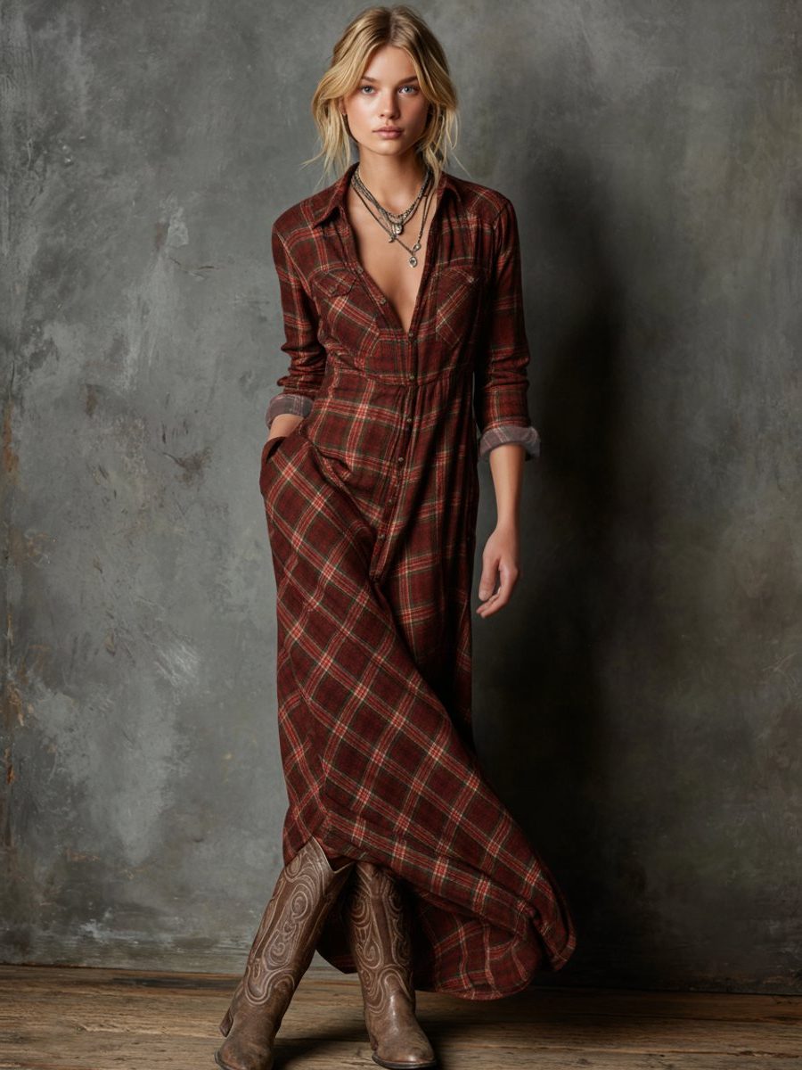 Plaid Button-Down Maxi Shirt Dress Formal for Women