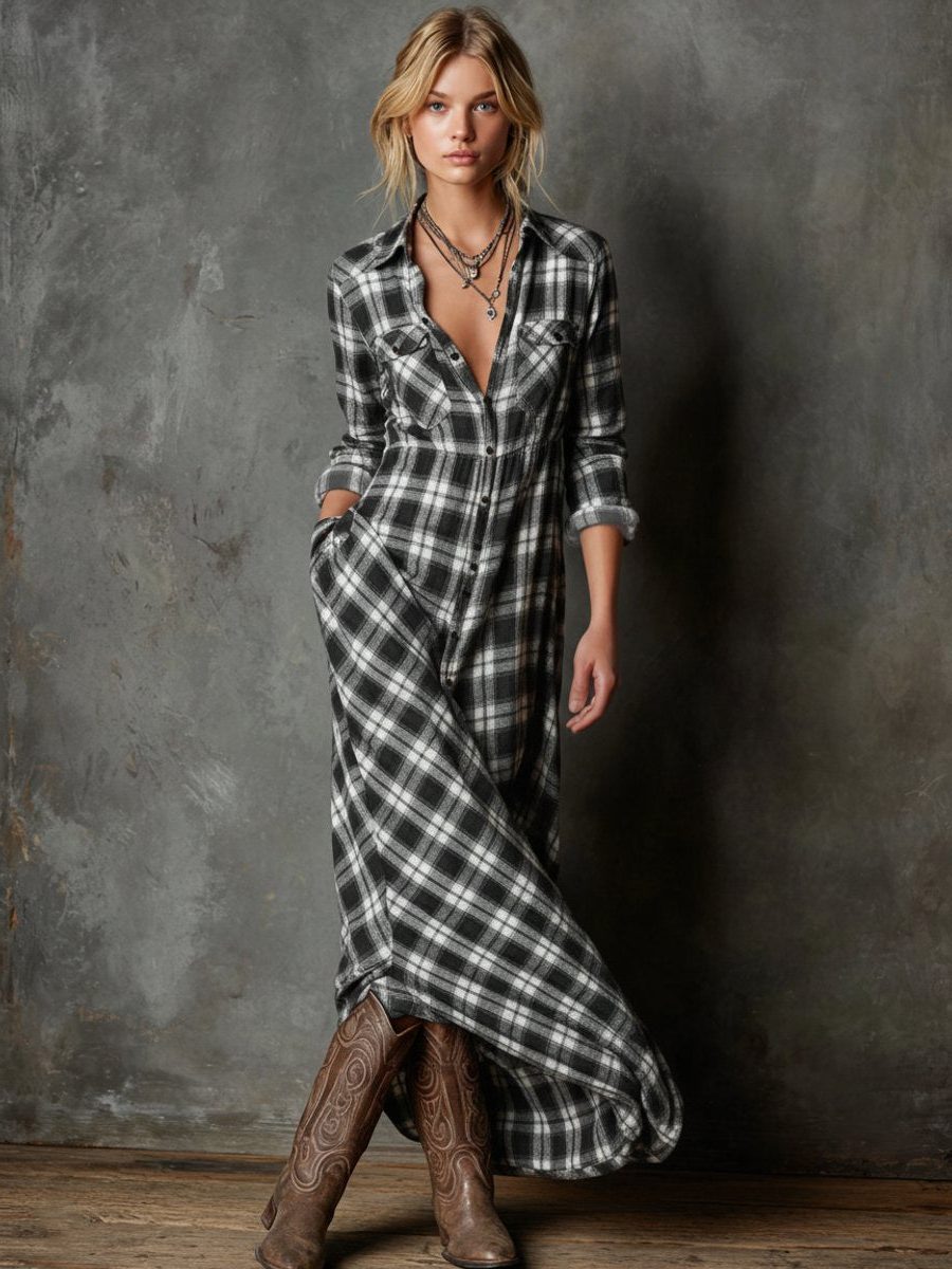 Plaid Button-Down Maxi Shirt Dress Formal for Women - Black