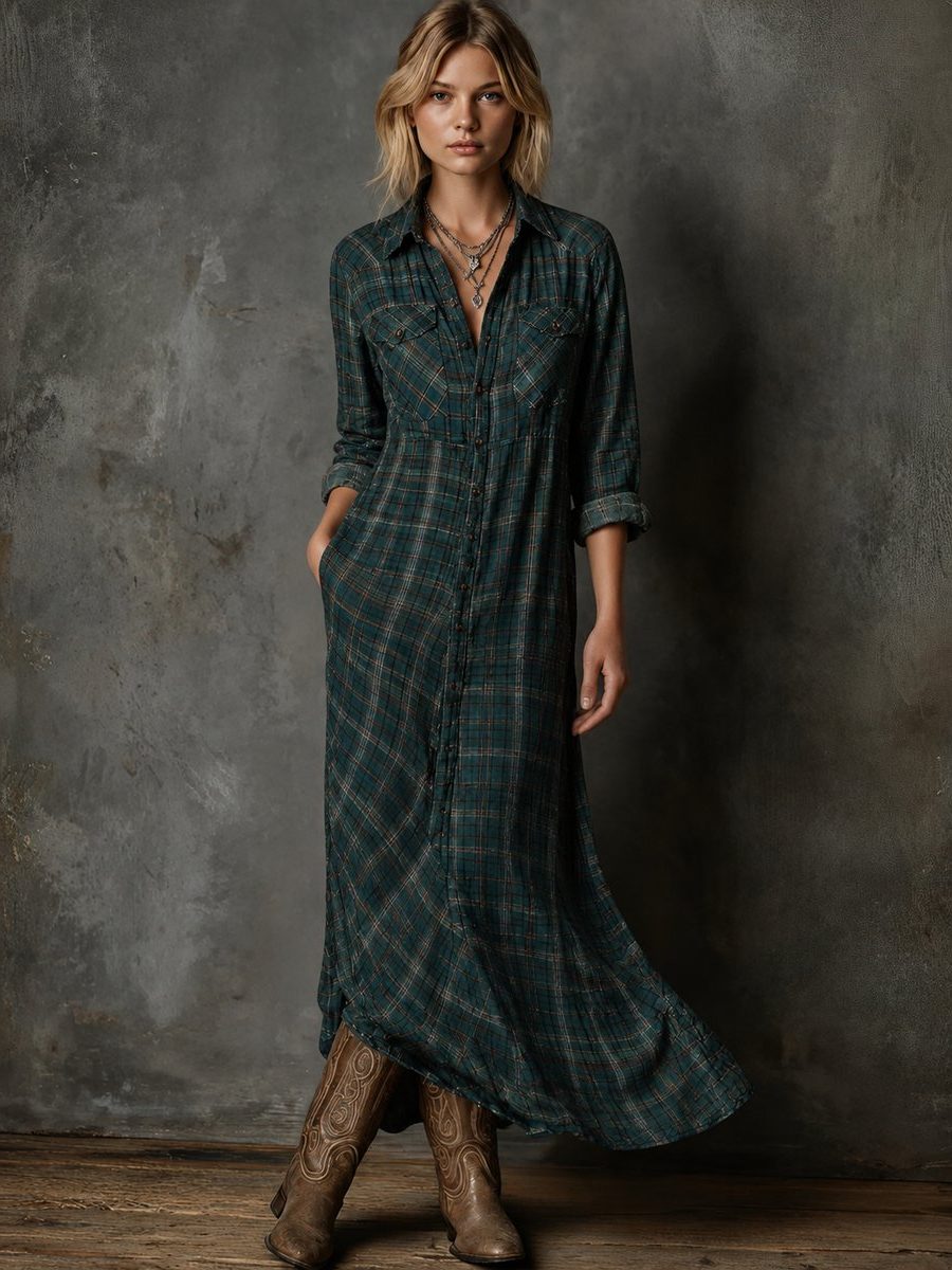 Plaid Button-Down Maxi Shirt Dress Formal for Women - Green