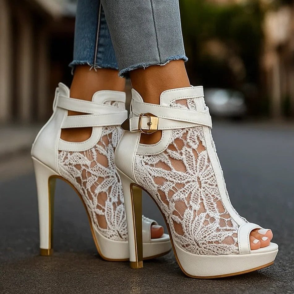 Platform Lace Ankle Strap Sandals for Women - White