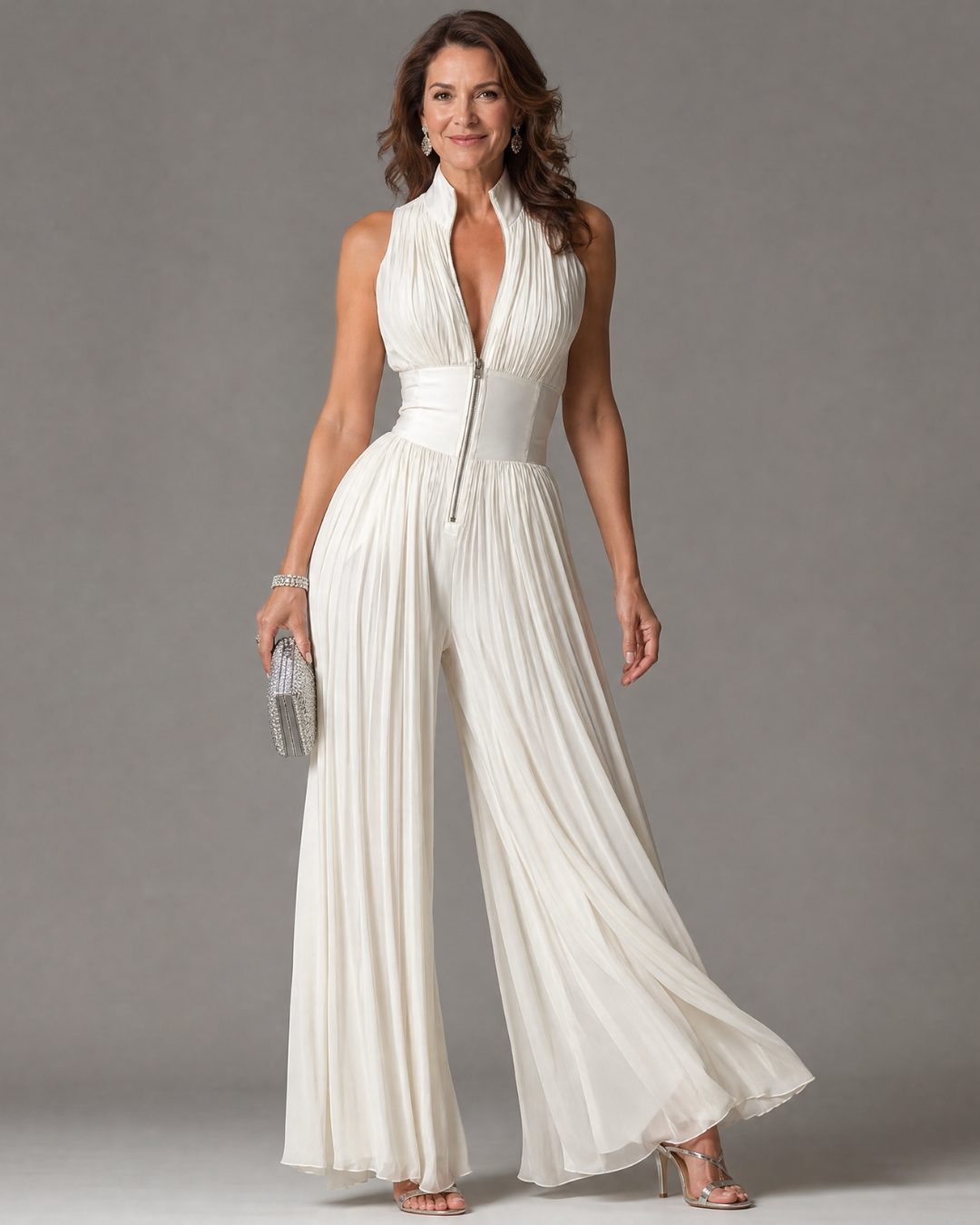 Pleated Halter Neck Wide Leg Jumpsuit for Women