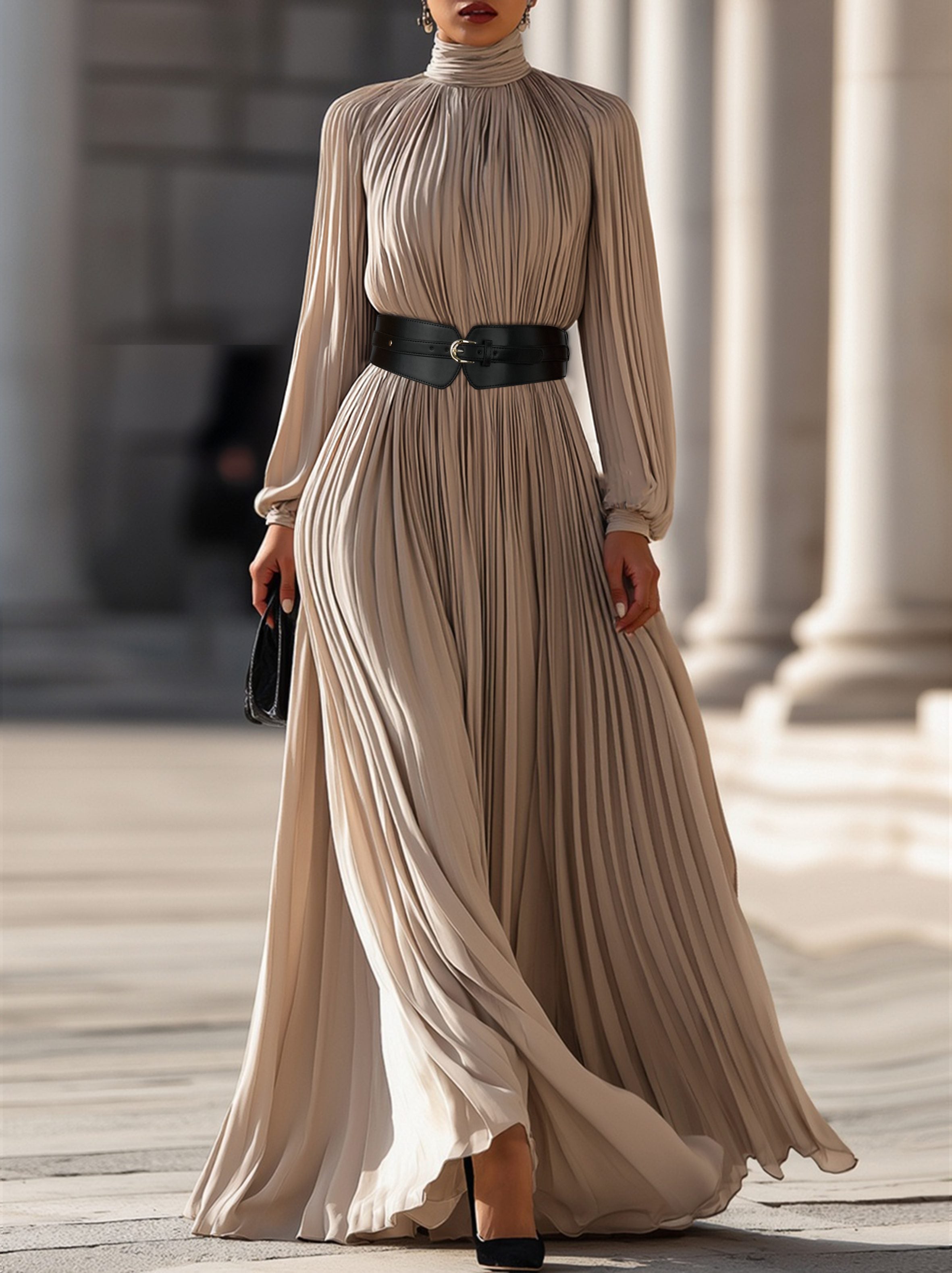 Pleated High-Neck Long Sleeve Maxi Dress for Women