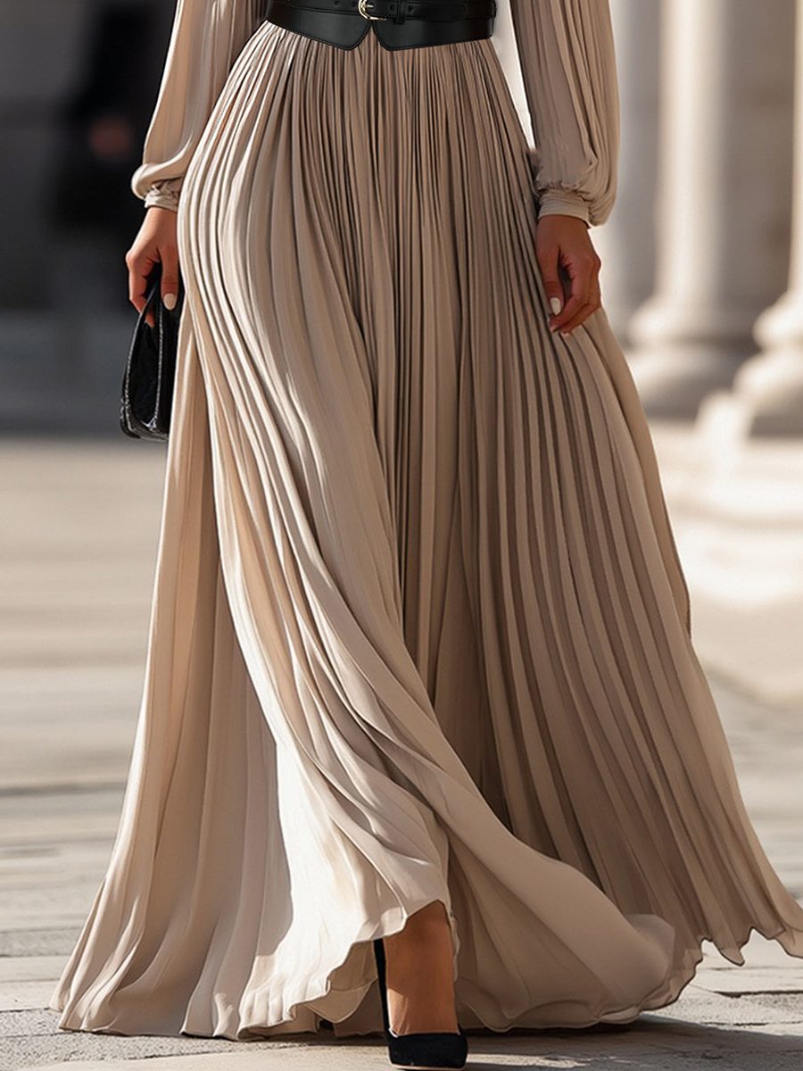 Pleated High-Neck Long Sleeve Maxi Dress for Women - View 3