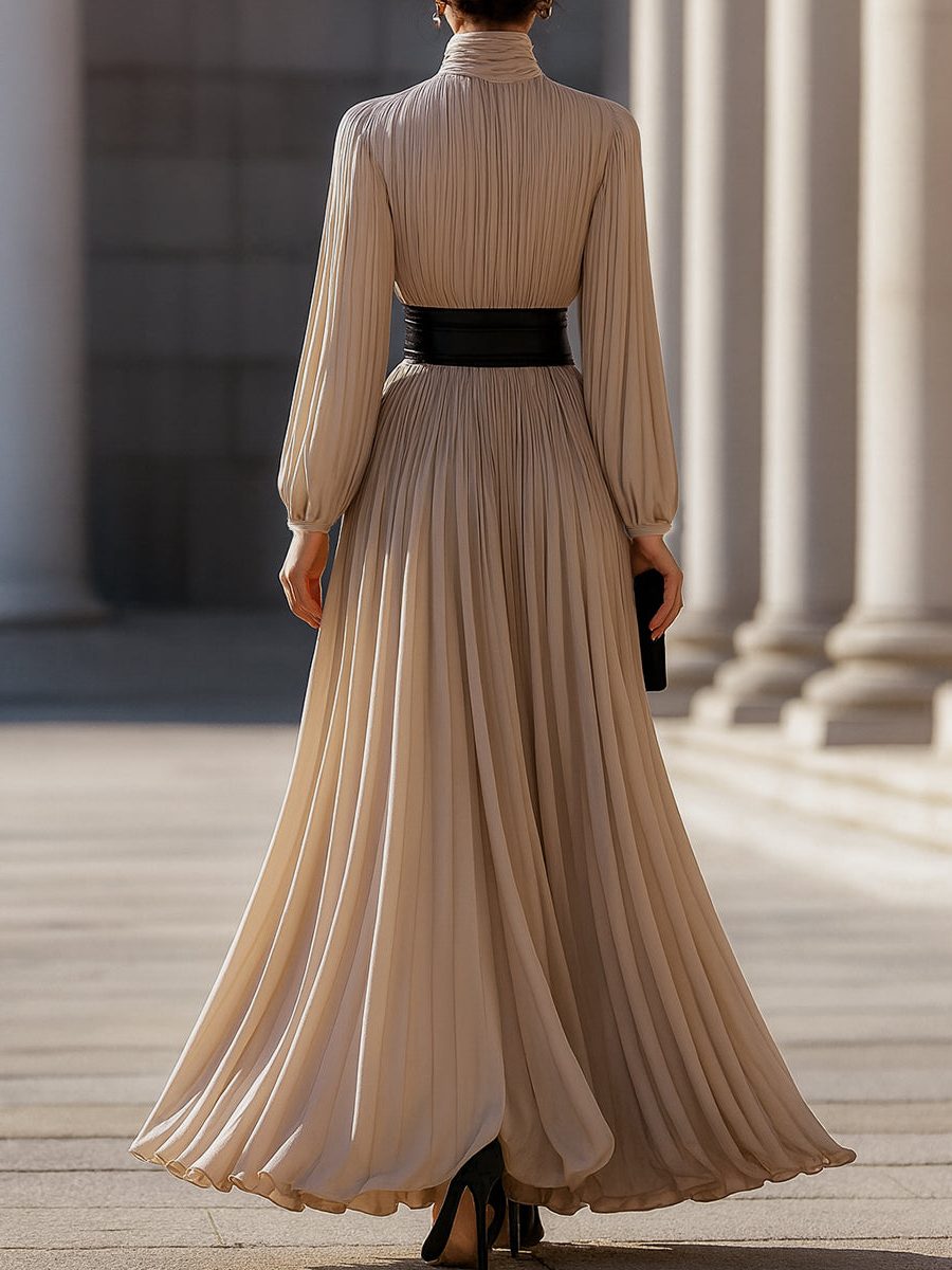 Pleated High-Neck Long Sleeve Maxi Dress for Women - View 4