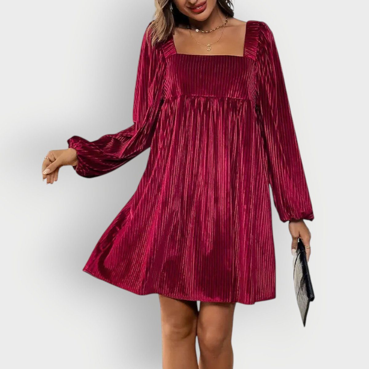 Pleated Velvet Square-Neck Long-Sleeve Formal Dress for Women - Wine Red