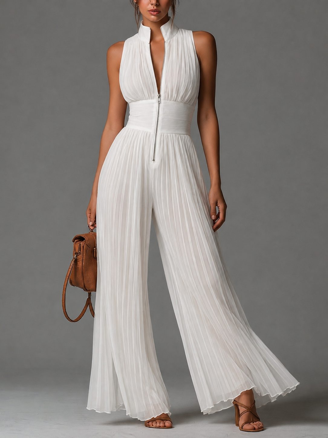 Pleated Wide Leg Halterneck Jumpsuit for Women - White