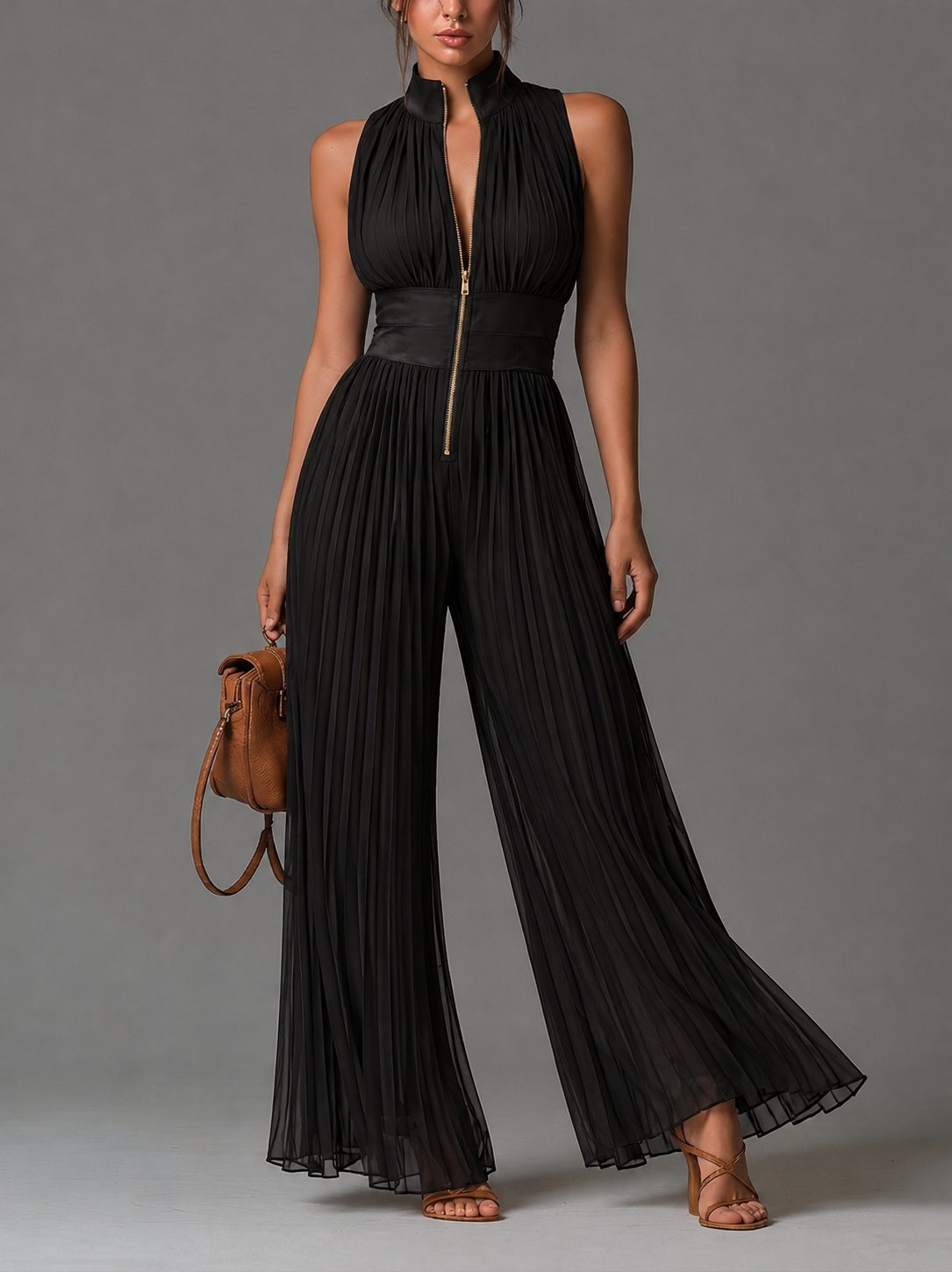 Pleated Wide Leg Halterneck Jumpsuit for Women - Black