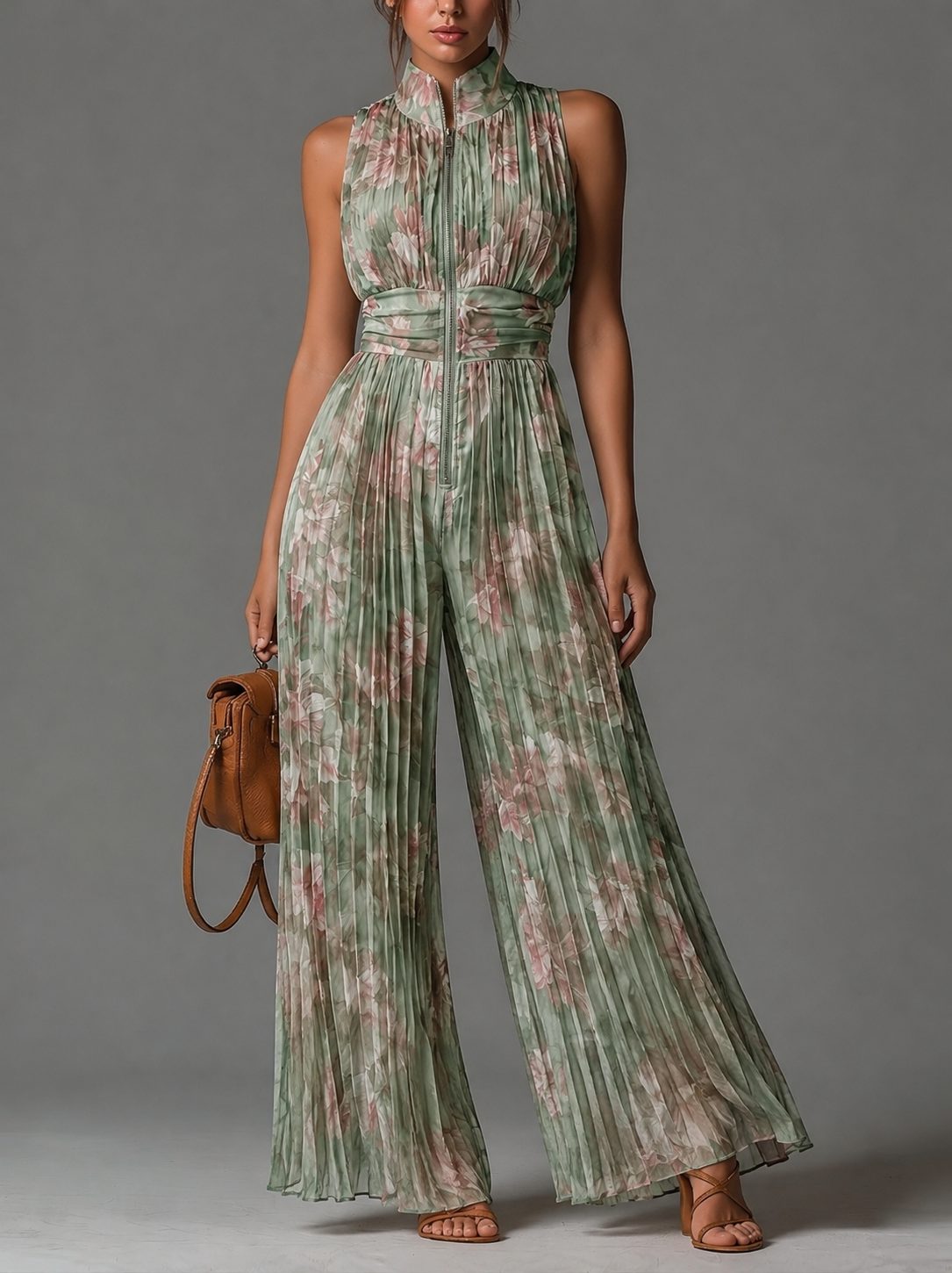 Pleated Wide Leg Halterneck Jumpsuit for Women - Green