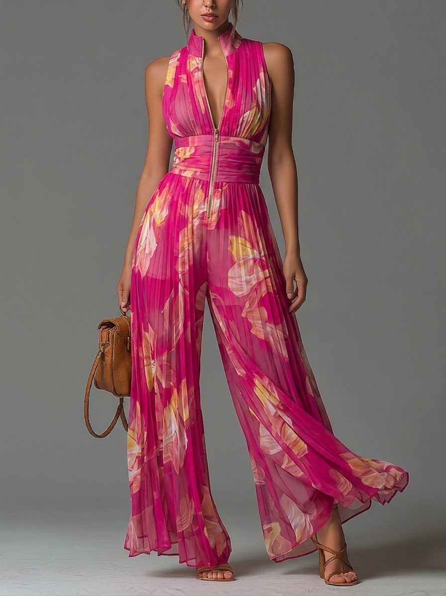 Pleated Wide Leg Halterneck Jumpsuit for Women - Fuchsia