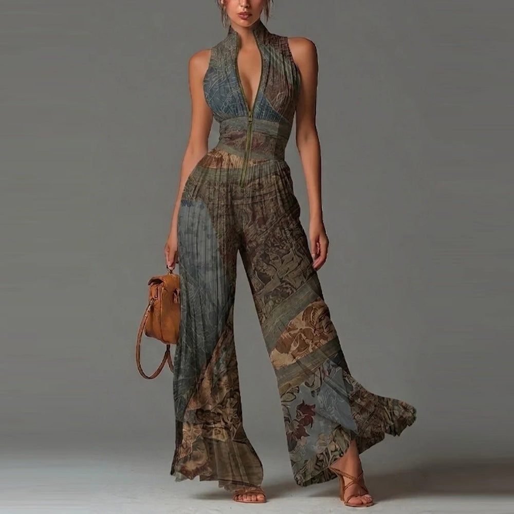 Pleated Wide Leg Halterneck Jumpsuit for Women - Retro Green