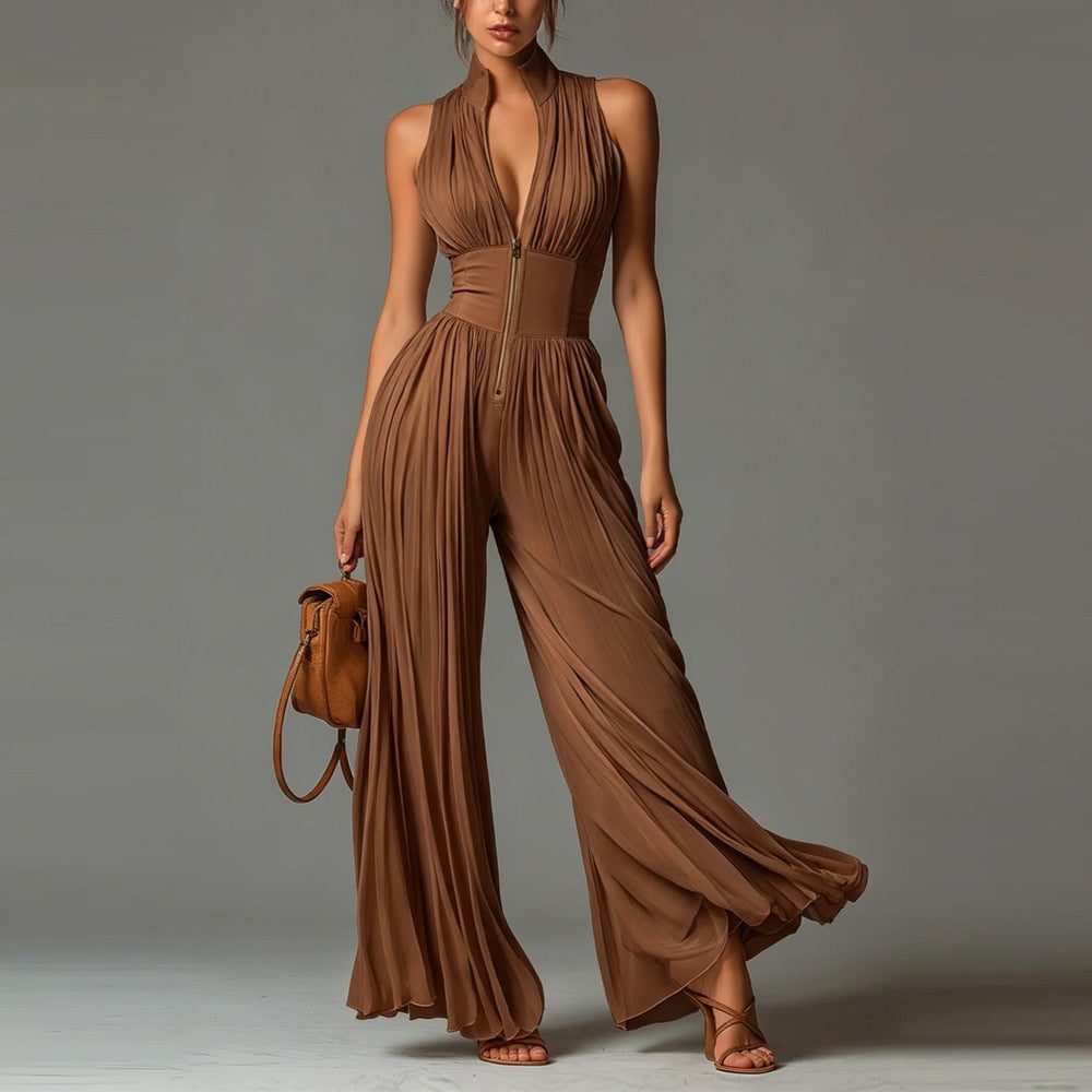 Pleated Wide Leg Halterneck Jumpsuit for Women - Dark Brown
