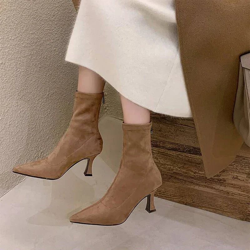 Pointed Toe Block Heel Ankle Boots for Women - Khaki