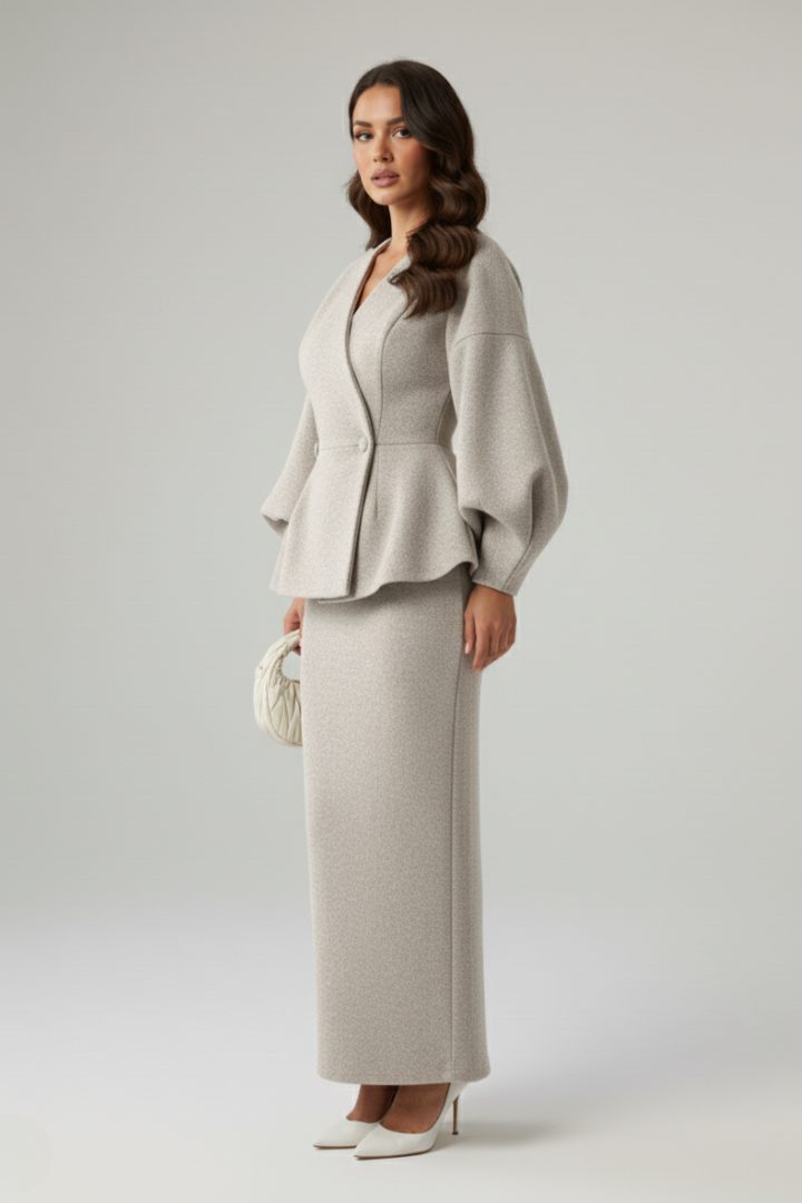 Puff Sleeve Double-Breasted Midi Skirt Set for Women - View 3
