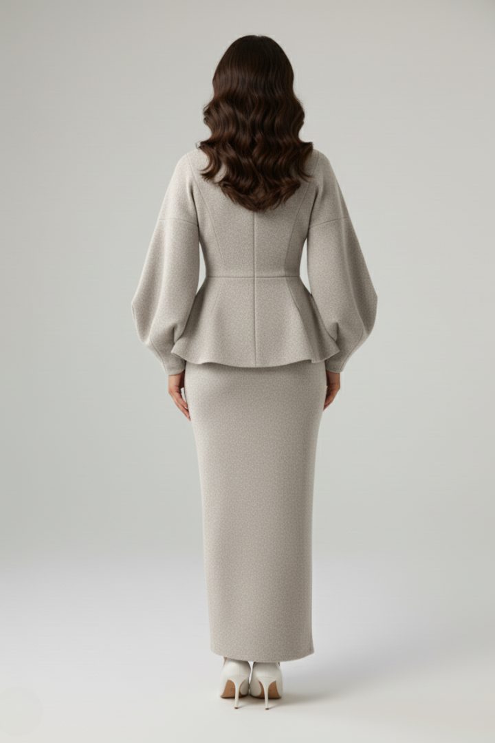 Puff Sleeve Double-Breasted Midi Skirt Set for Women - View 4