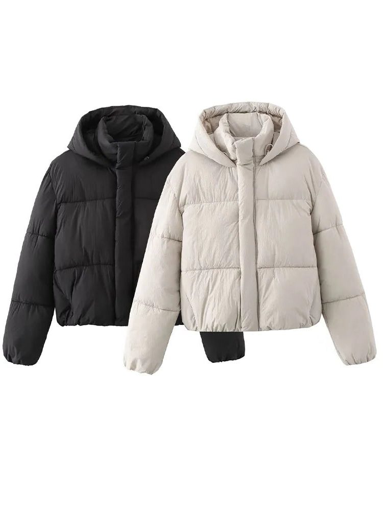 Cropped Quilted Puffer Jacket with Hood for Women - View 2