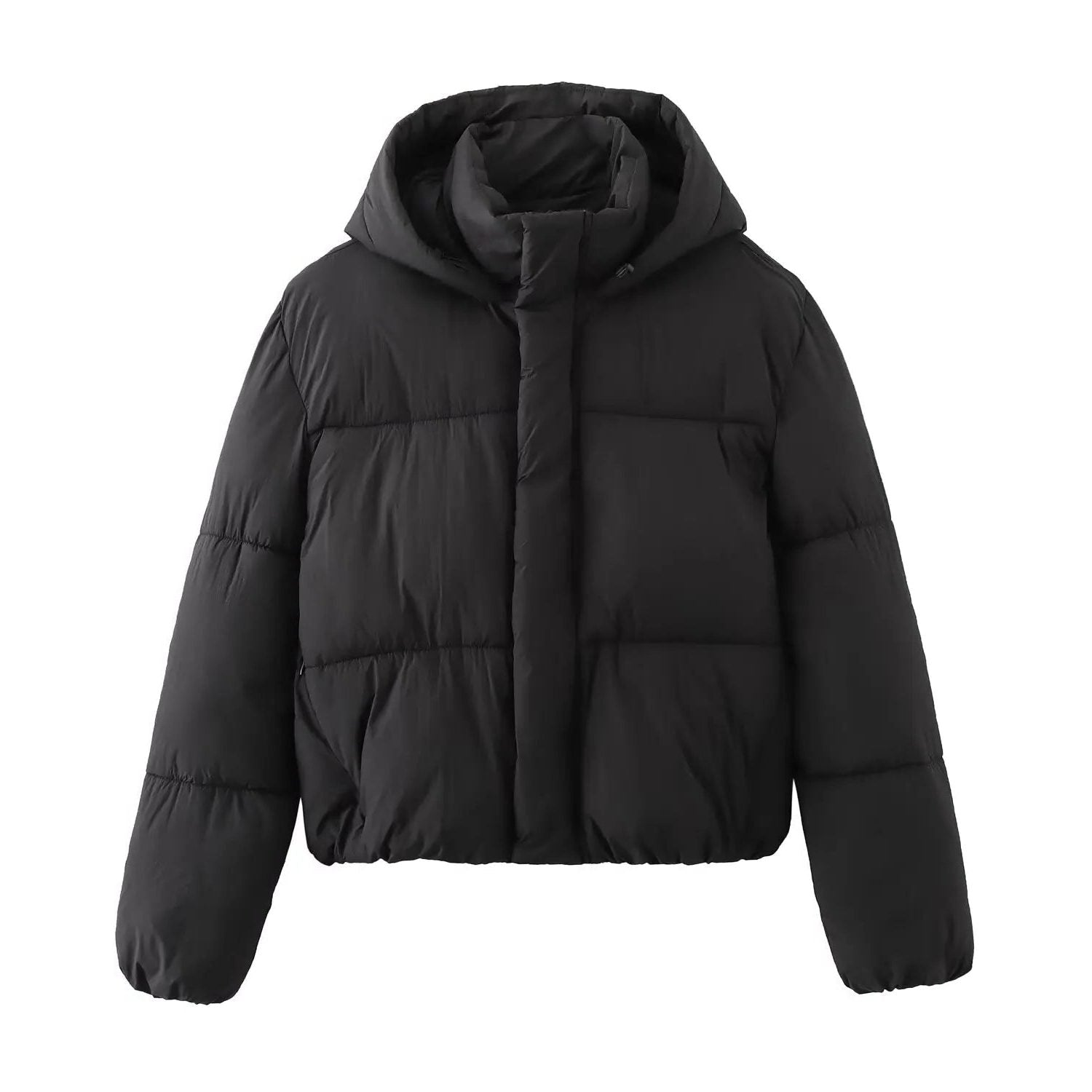 Cropped Quilted Puffer Jacket with Hood for Women - Black